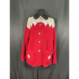 Vintage Woman's Teddi Red Fleece Jacket, Button Up, Quilted Diamonds, Pockets